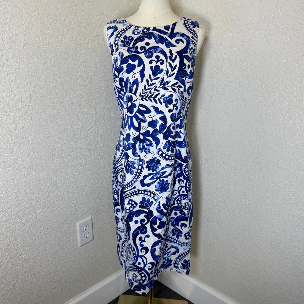 Sheath Dress Lauren Blue Paisley Damask Sleeveless Knee Preppy Coastal Classic
